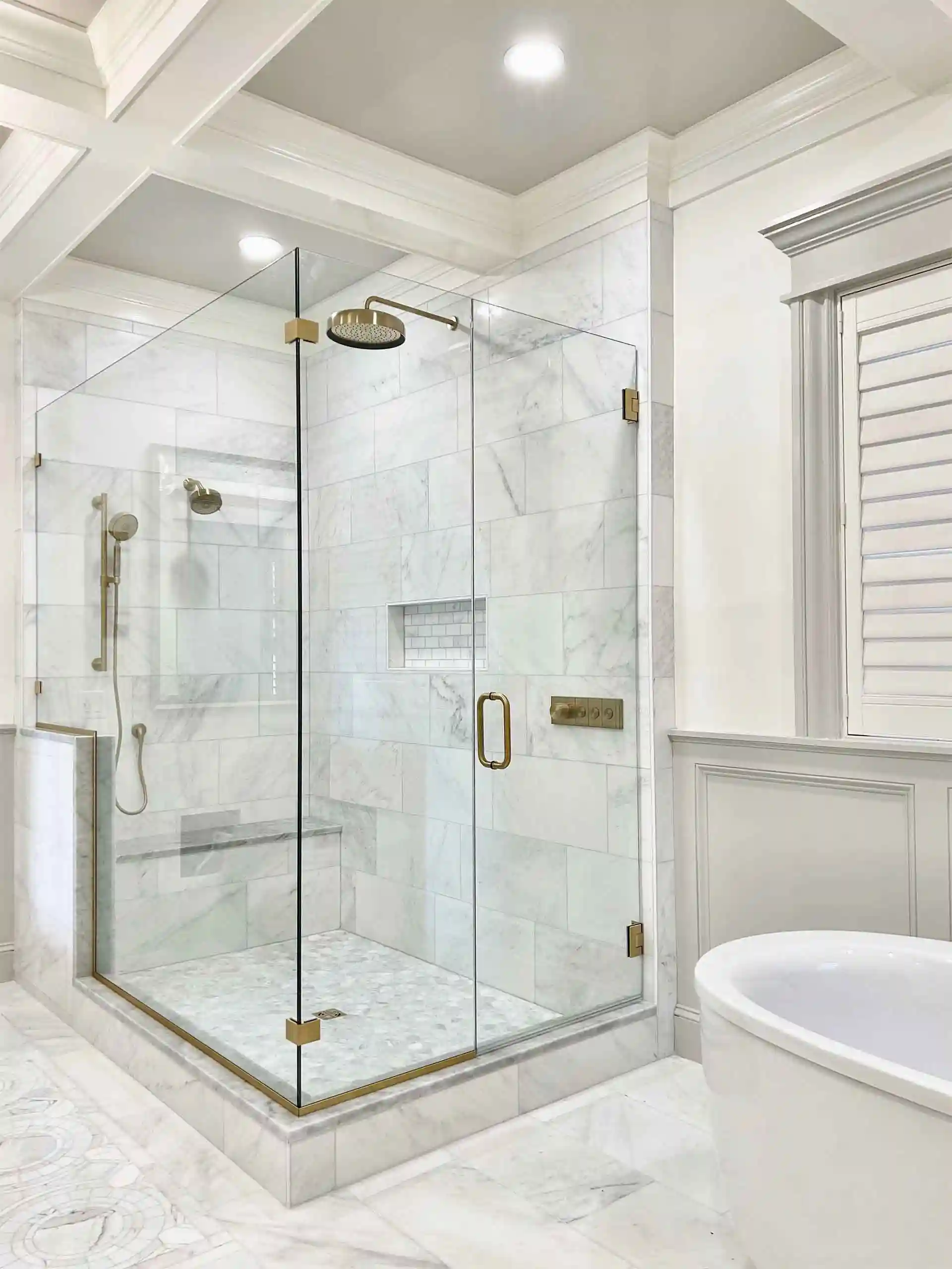 Image of white and taupe contemporary shower from ShowerDoorKing.