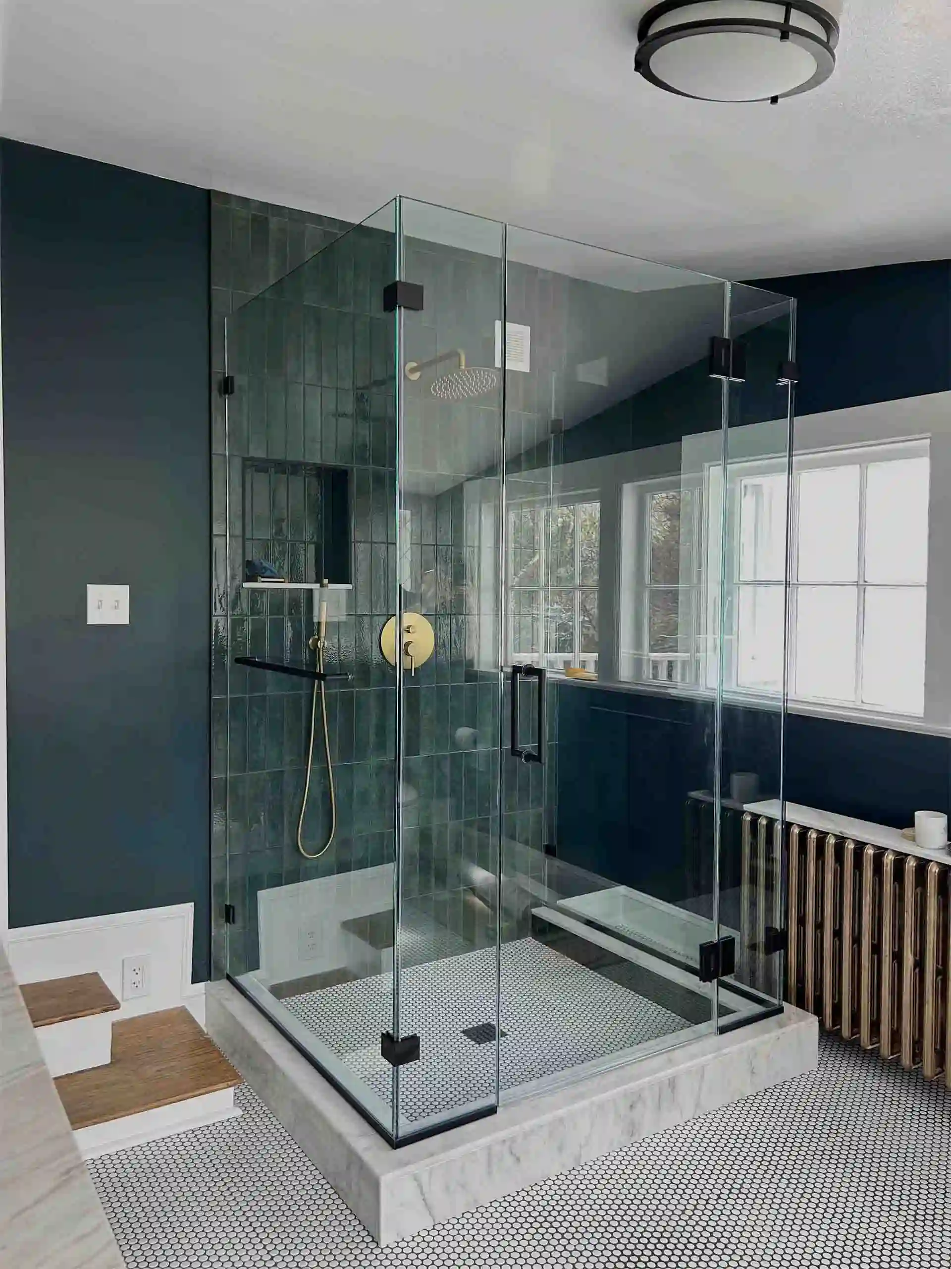 Image of light gray and dark blue contemporary shower from ShowerDoorKing.