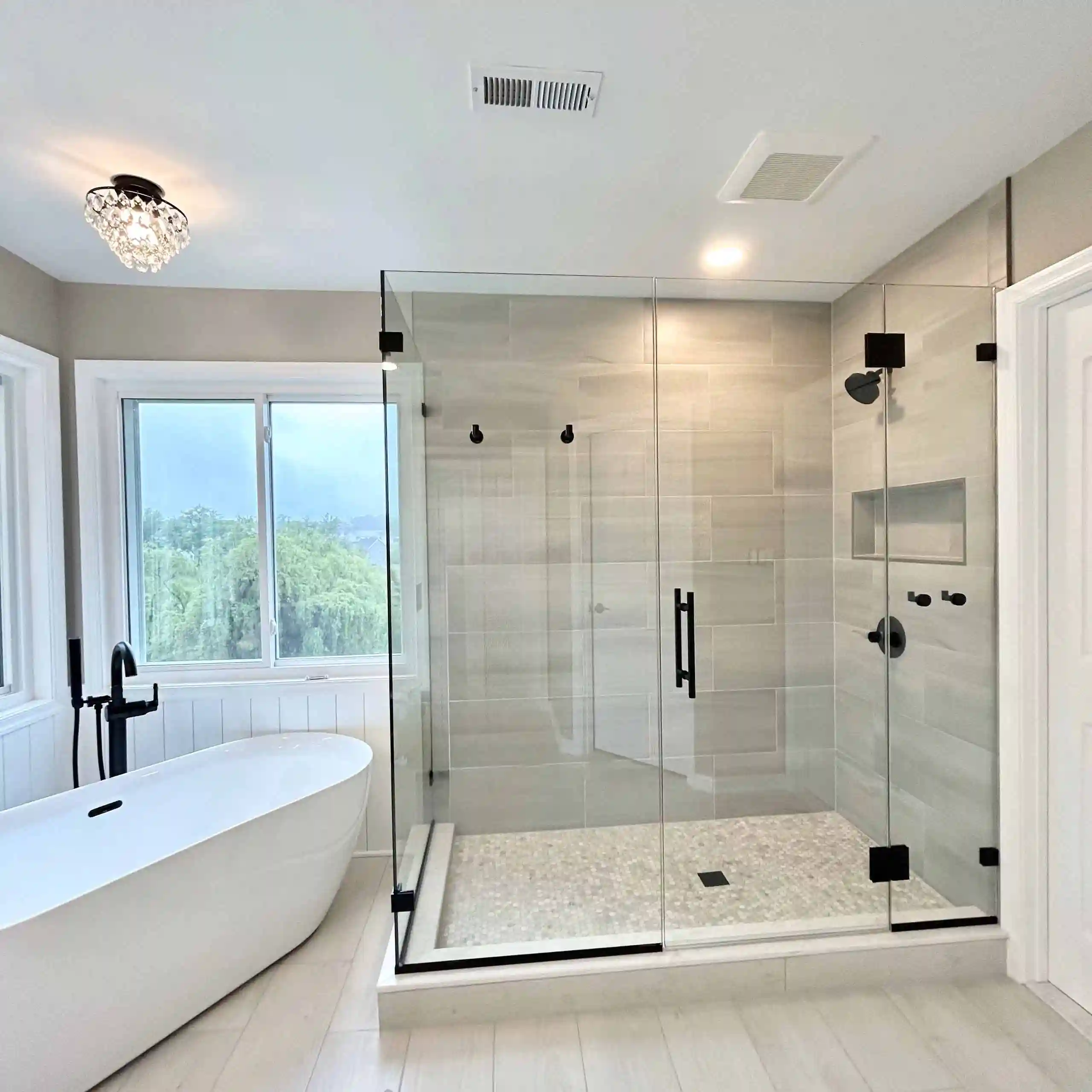 Image of white and gray with black accents contemporary shower from ShowerDoorKing.